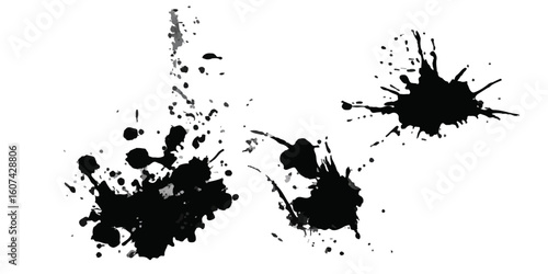 Black dried paint splattered in dirty style.  Big set of blots and vector abstract elements.