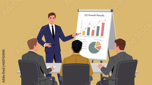  Team discussing Q1 growth results at business presentation — data trends, charts on flip chart, strategy meeting, corporate performance review