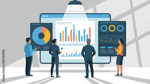   Business professionals analyzing charts on large screen data visualization, teamwork, spotlight presentation, corporate decision-making