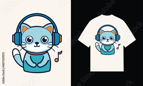 Cute blue cat wearing headphones listening to music