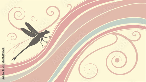 Silhouette of a dragonfly with swirls and pastel stripes on a light yellow background is displayed