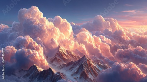 Majestic mountains peek through soft, pink clouds at sunset