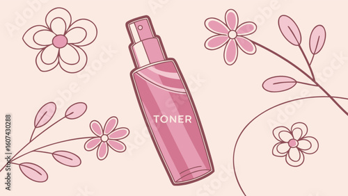 Illustration of a pink toner bottle surrounded by pink flowers and leaves on a light pink background