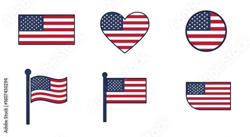 Celebrate freedom with diverse American flag designs including a classic rectangle, a patriotic heart, a bold circle, and waving flags on poles for all your national pride projects.