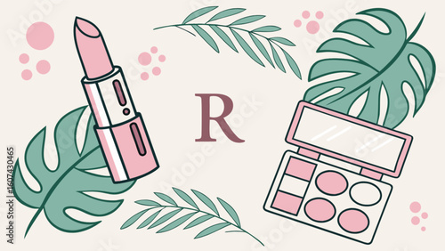 Illustration of lipstick, eyeshadow palette, letter r and tropical leaves on a light background