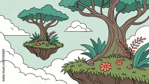 Illustration of floating islands with trees and plants amidst fluffy white clouds in the sky