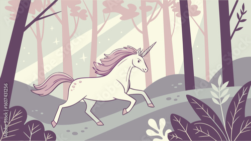 Galloping wild horses and ponies, adorned with flowers, are illustrated in a natural forest setting
