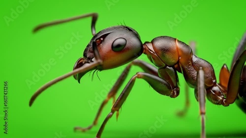 Close-up of an ant on a green screen
