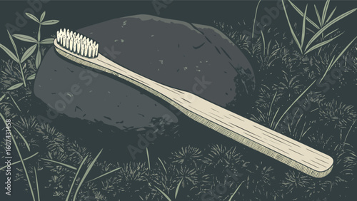 A wooden toothbrush resting on a dark rock surrounded by grass and small plants in a dark setting