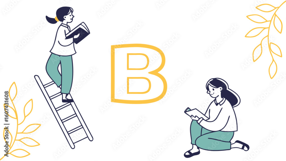 Fototapeta premium Illustration of two women reading books with a large letter b and leafy branches on a white background