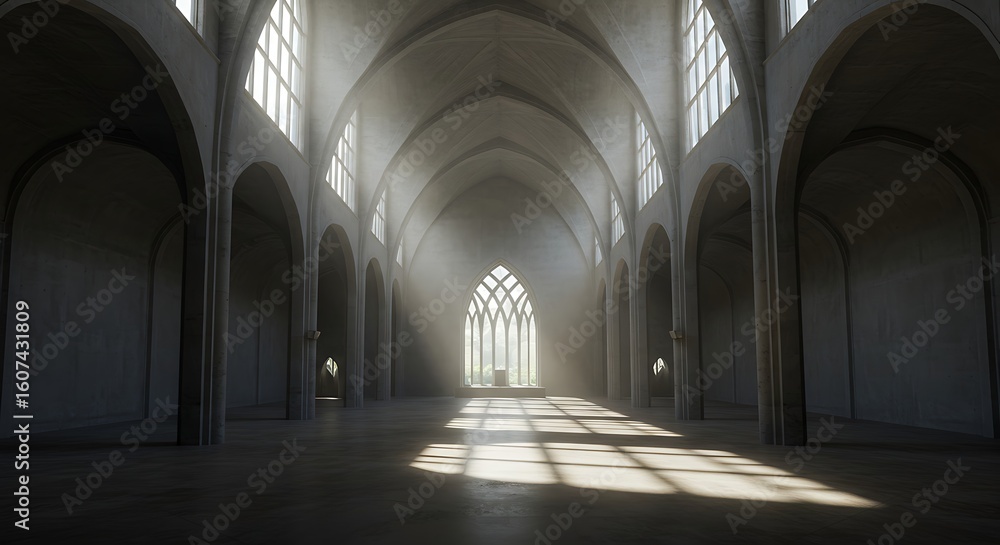 Fototapeta premium Interior view of a large, empty cathedral with light streaming through arched windows, creating shadows on the floor.