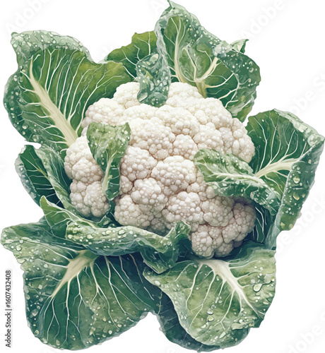 Fresh cauliflower creamy white head green leaves water droplets vector