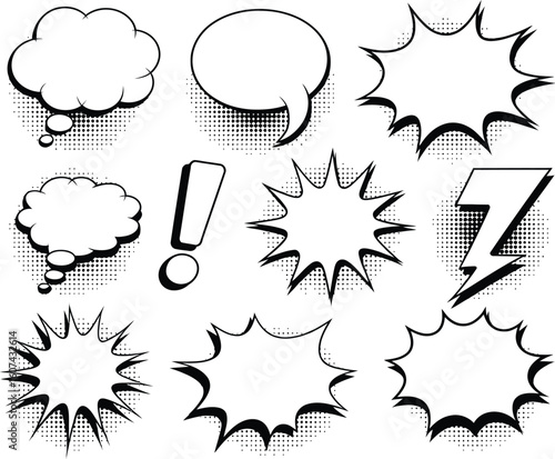 Collection of comic book speech bubbles and sound effects silhouette