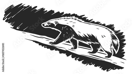 Dynamic Monochrome Illustration of a Wolverine on a Branch

