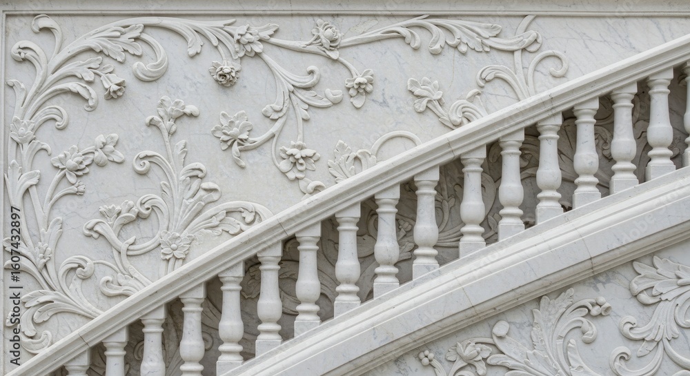 Fototapeta premium Intricate floral stone carvings adorn an elegant architectural staircase design