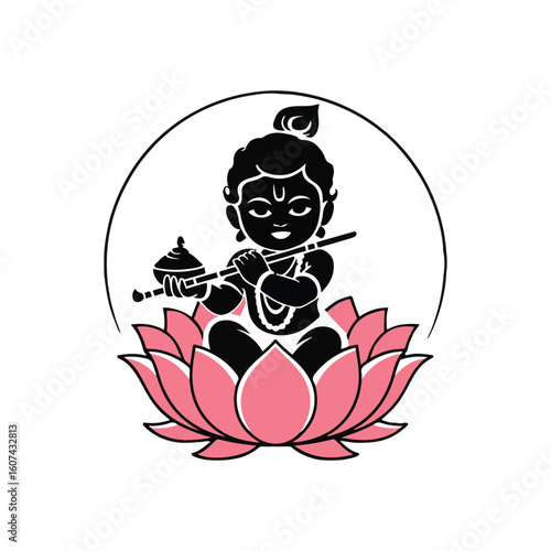 Cute Krishna Playing Flute on Lotus