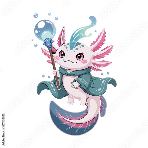 A chibi axolotl with glowing pink gills and gentle but angry eyes.