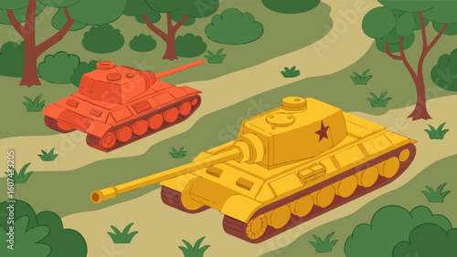 Illustration of two tanks in a forest setting one orange and one yellow with a red star emblem