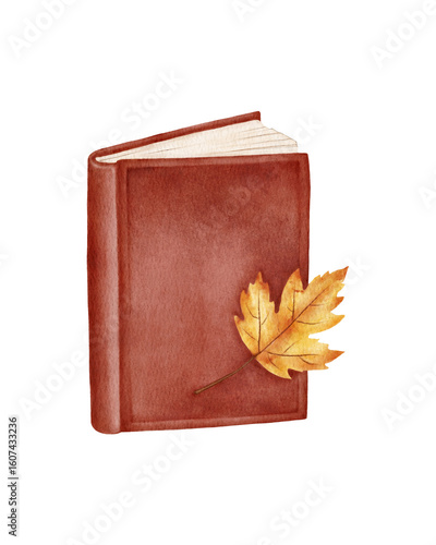 watercolor illustration of a closed red-brown book with a yellow maple leaf on the cover. for fall stationery, planner stickers, journal covers, reading logs, printable bookmarks, seasonal invites
