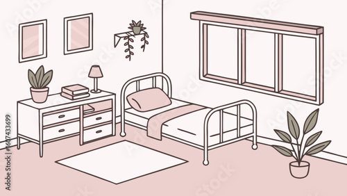 Illustration of a bedroom with a bed, dresser, window, plants, and wall decorations in a home