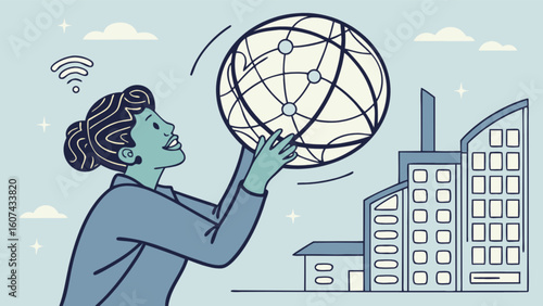 Woman holding a globe with buildings and wifi symbol representing global networking and connectivity