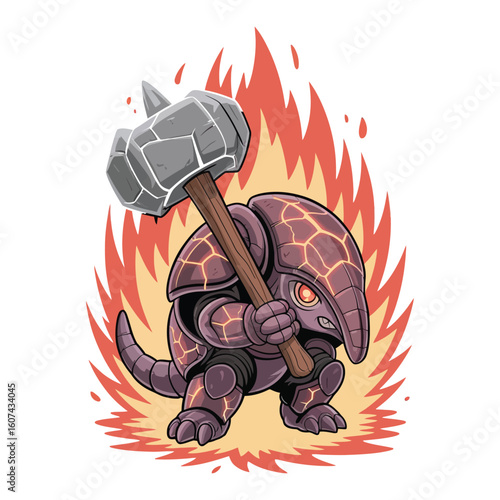 A squat chibi armadillo with glowing red eyes, rolled halfway into its shell, holding a massive stone maul.