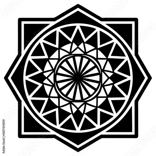 A black and white geometric star pattern with intricate circular designs, isolated on a white background