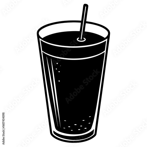 A tall glass of dark soda with bubbles and a straw