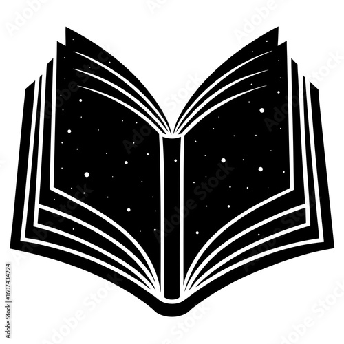 An open book with pages filled with stars and a galaxy