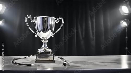 silver trophy on black background