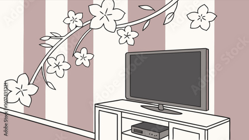 Illustration of a tv on a stand with a dvd player and floral wall decor in a striped room design