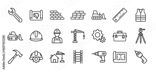 Construction and tools icon set. Vector black glyph icons of construction worker, crane, bulldozer, blueprint, hard hat, wrench, hammer, gear, toolbox, house under construction, and more.