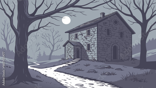 Spooky haunted house illustration vector image for halloween night background in moonlight scene landscape design