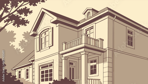 Classic home exterior design illustration for real estate and architecture projects with trees and bushes