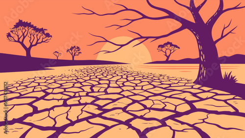 Dry cracked earth landscape illustration with trees and sunset vector background design for climate change