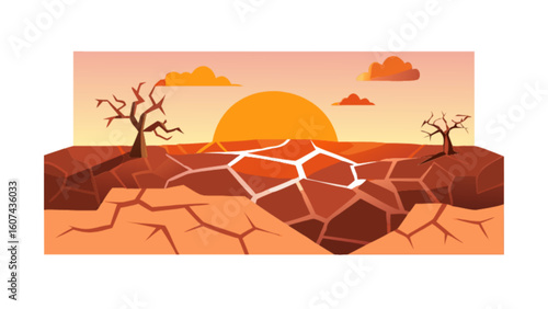 Dry cracked earth landscape illustration with sunset background and barren trees vector graphic design