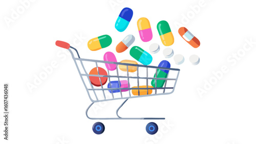 Shopping cart full of medication pills capsules tablets medicine pharmacy healthcare drugs prescription purchase
