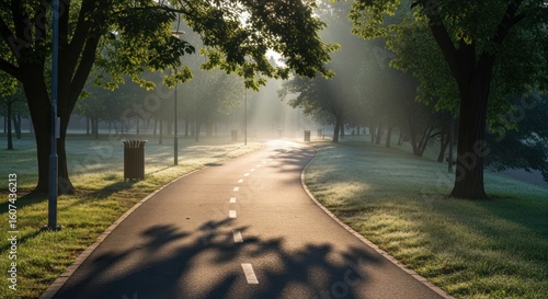 Sunlit Path Through Misty Park, Tree Shadows and Morning Glow