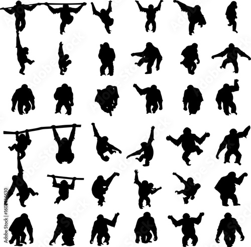 A collection of silhouetted gorilla figures in various poses, including hanging, standing, and reaching, arranged in a grid pattern against a white background.