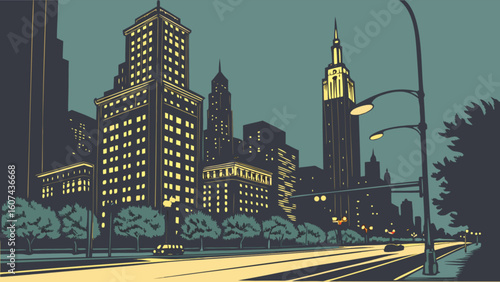 Cityscape illustration of urban skyline at night with buildings street lights and road illustration art