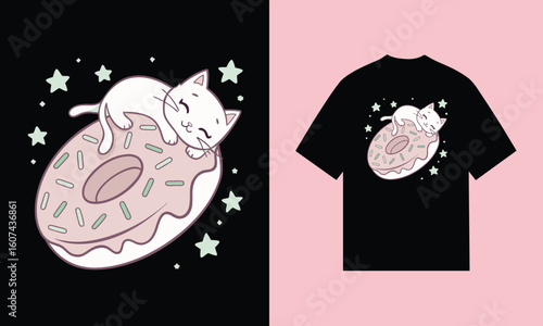 White cat sleeping on pink donut with sprinkles and stars