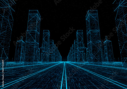 Futuristic Cityscape Digital Metropolis Neon Lights Road