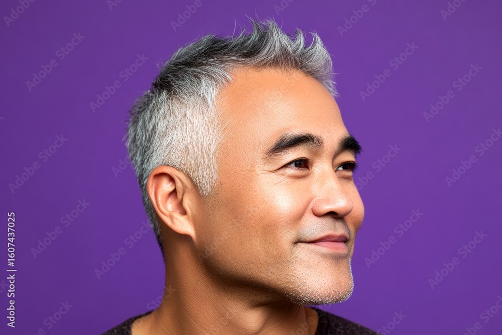 Fototapeta premium Visual idea of style for aging men. A modern man in his 40s with a stylish appearance. Purple solid background. Elegant men's wavy fringe haircut - midlife southeast asian man with short hair.
