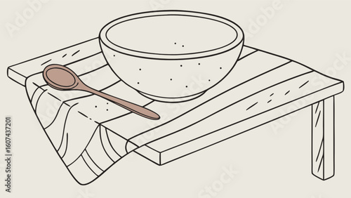 Illustration of soup bowl and spoon on table for kitchen decor and food blog design elements usage
