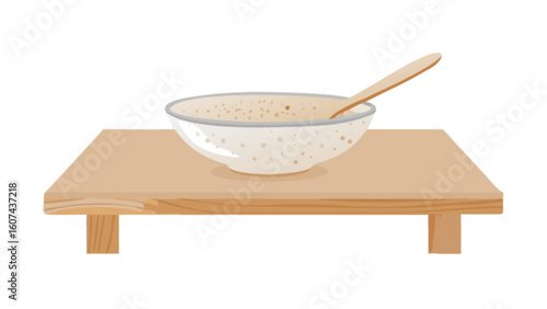 Illustration of breakfast bowl with spoon on wooden table for healthy eating and morning meal concept