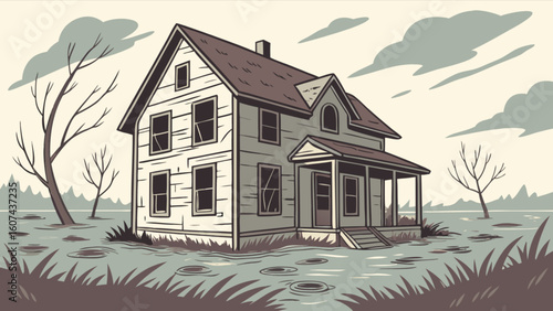Flooded house illustration vector art disaster scene climate change home insurance real estate crisis drawing
