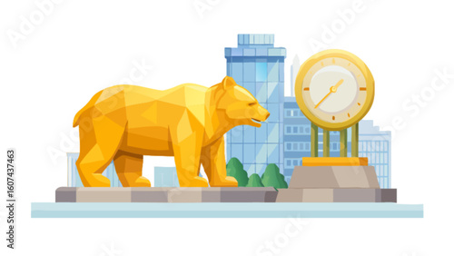 Golden bear statue landmark illustration with clock tower and city skyline background vector image