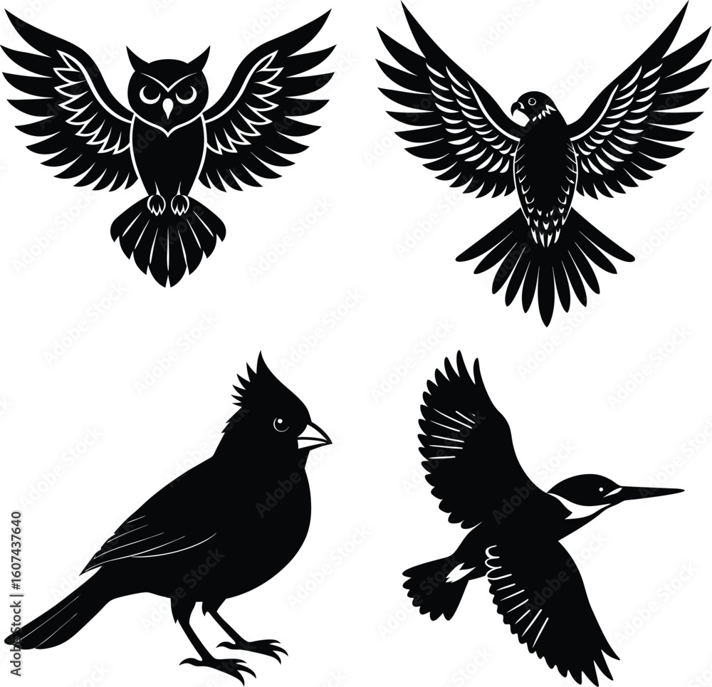 Obraz premium Flying bird branch silhouette illustration, Vector birds icon Flying birds silhouettes on white background. Vector illustration. isolated bird flying. tattoo and wallpaper background design