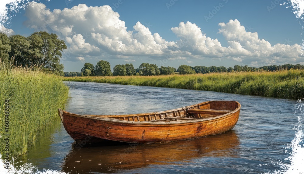 Obraz premium Wooden Rowboat on Calm River Under Cloudy Sky