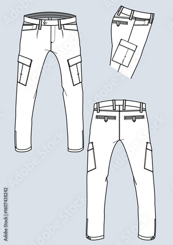 Pantalone tasche uomo disegno piatto sketch fashion illustration fronte e retro mock up vettoriale	